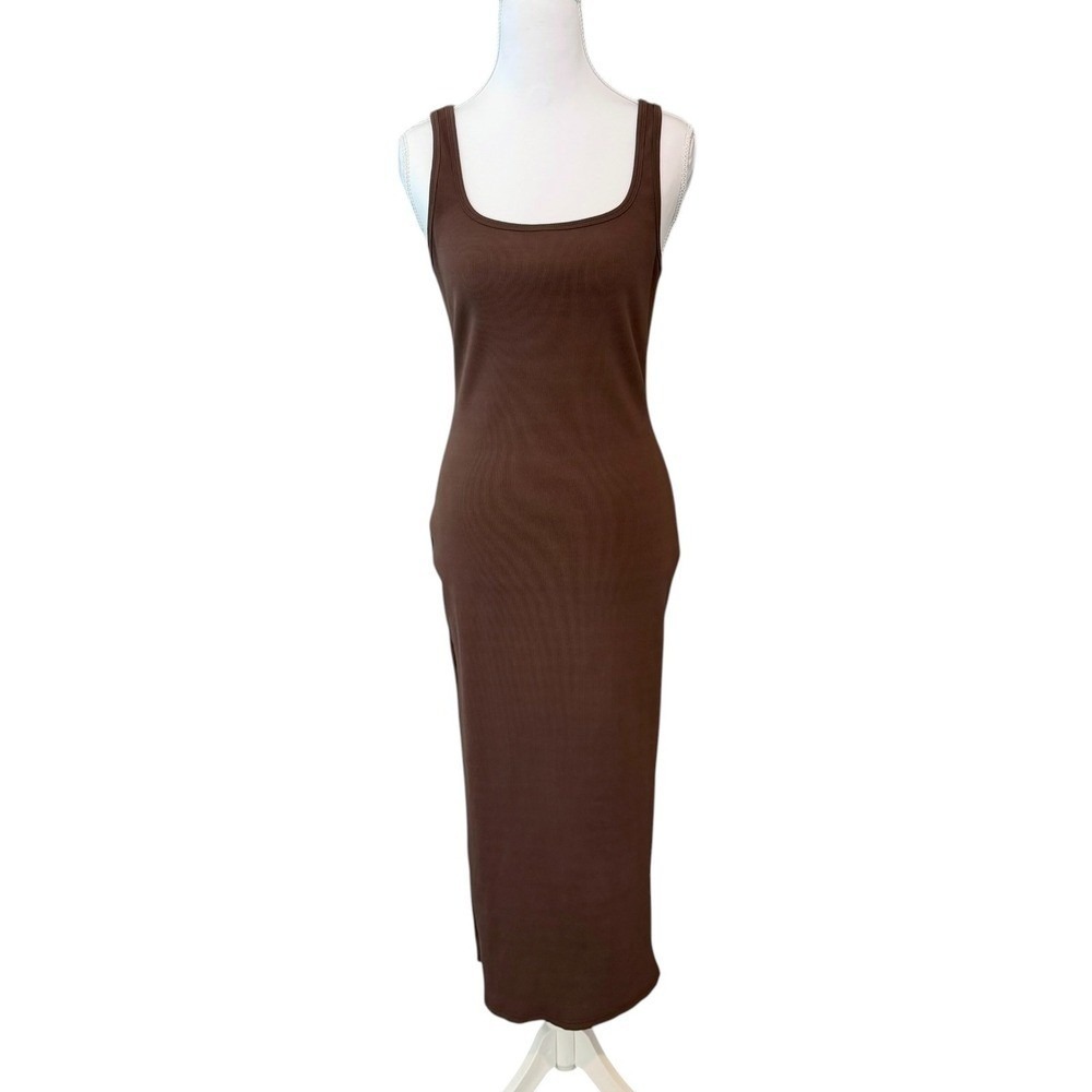 Bumpsuit Maternity Midi Dress Womens XL Brown Ribbed Minimalist Stretch Comfort - Picture 2 of 10